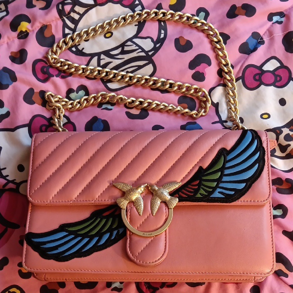 Pinko Bird And Wings Pink Leather Crossbody Bag